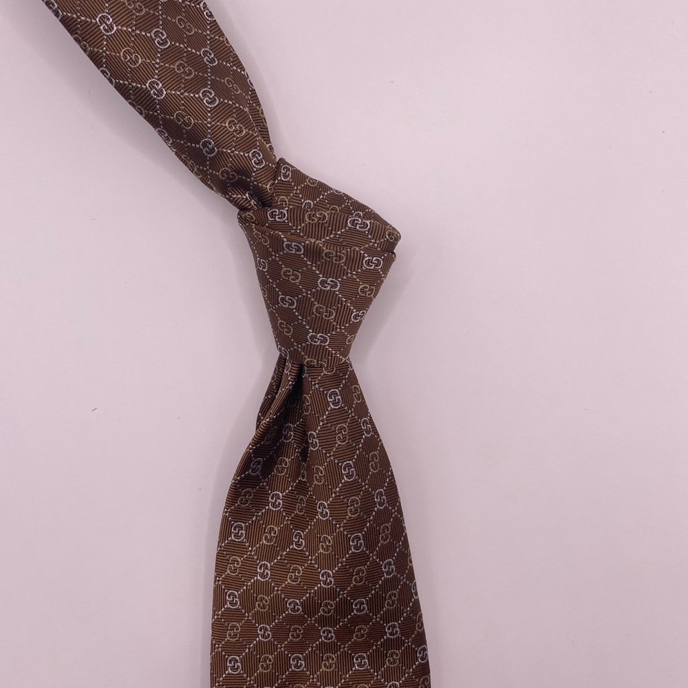 Gucci Brown Patterned Tie with Blue Accent - Picture 4 of 6